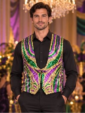 Handmade Sequined Mardi Gras Vest in Purple, Green & Gold - Men's Party Vest